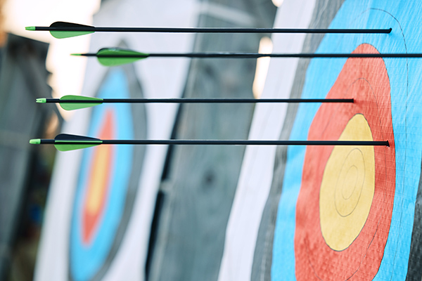 Arrows in archery target or circle for competition, game or learning in field outdoor for sports ba.