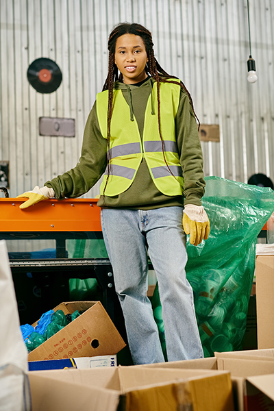 A young african american volunteer in gloves and a safety vest sorts waste in a warehouse, demonstrating eco-conscious behavior.