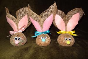 Burlap bunnies filled with Easter treats.
